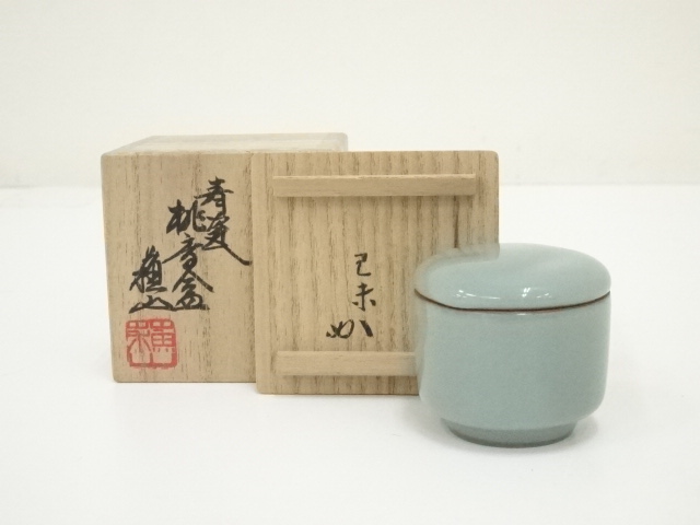 京焼 三代 諏訪蘇山造 青瓷桃香合（書付有）（共箱） 茶道具 香道具 道具 ] - 道具 京焼 三代 諏訪蘇山造 青瓷桃香合（書付有）（共